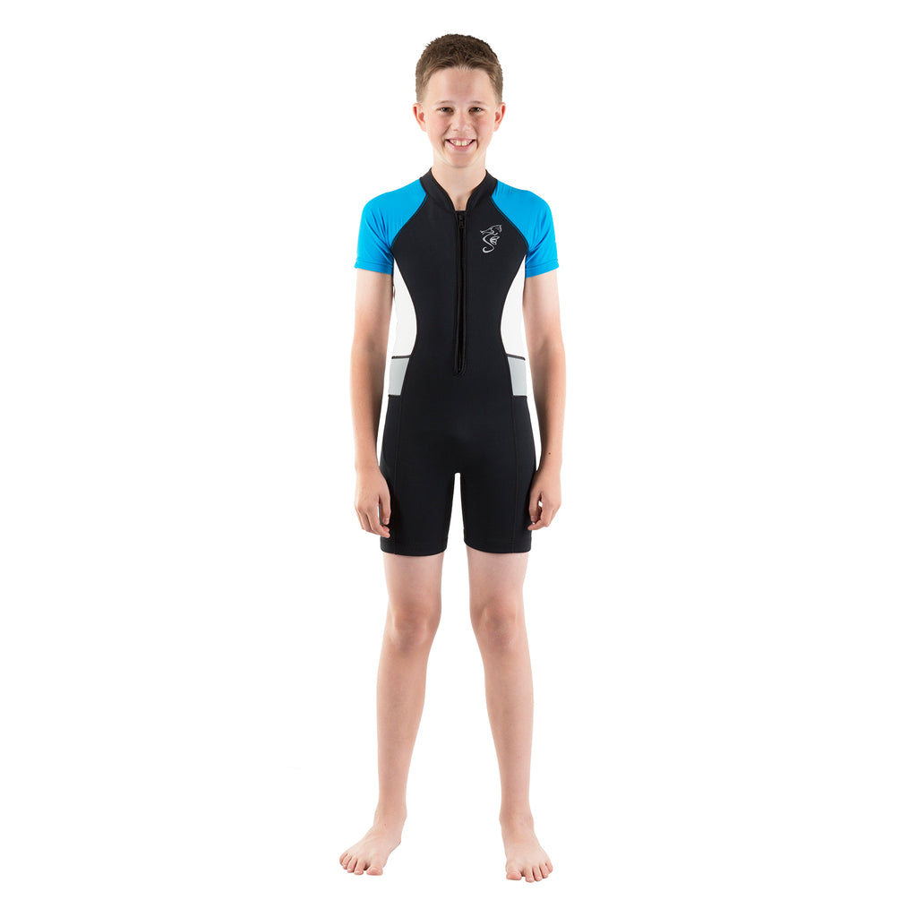 A 2mm neoprene swimsuit or wetsuit for children and toddlers with blue sleeves and white side panels.