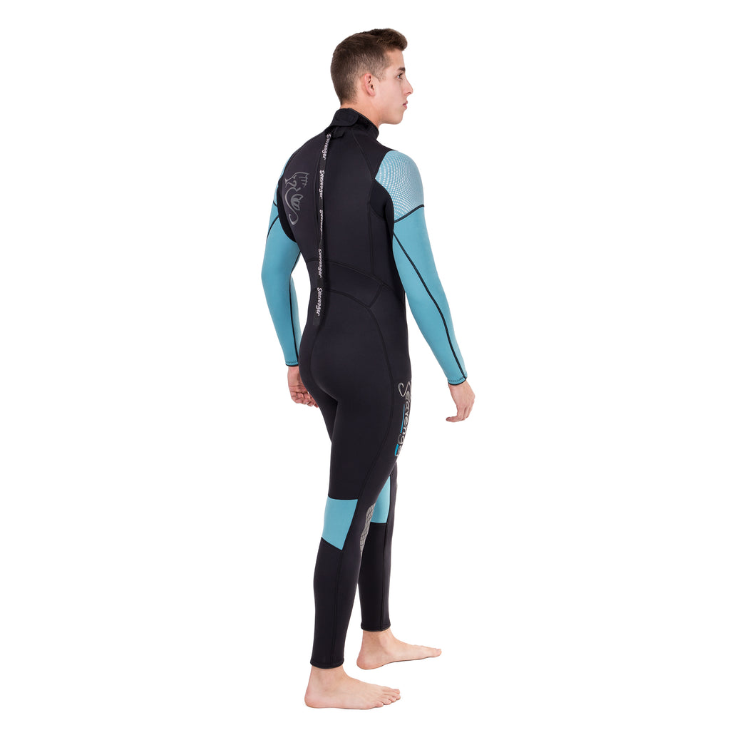 men's black surfing wetsuit with teal sleeves and a sharkskin chest