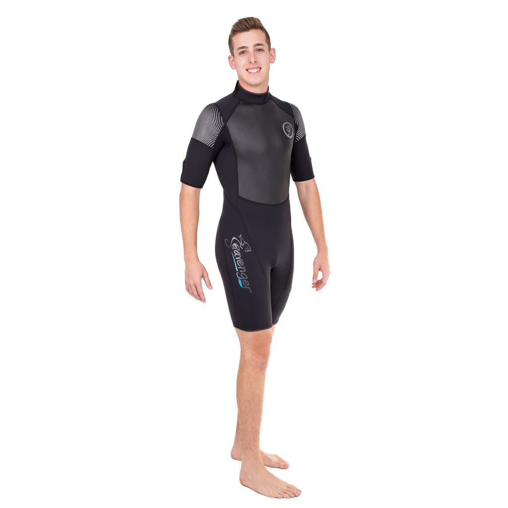 A black 3mm neoprene shorty wetsuit with short sleeves and a sharkskin chest panel for surfing
