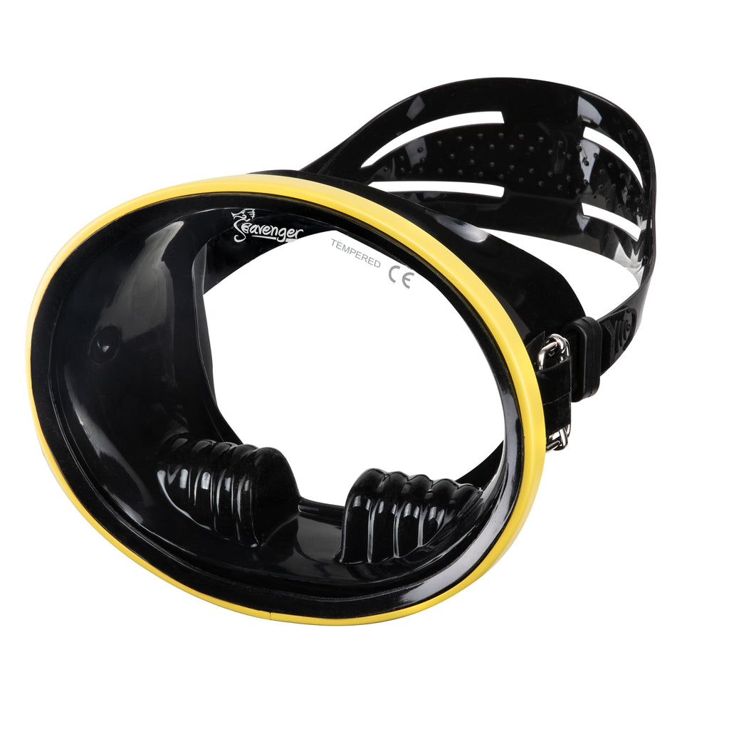 black oval dive mask with yellow frame