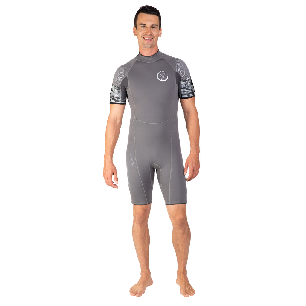 A camo 3mm neoprene shorty wetsuit with short sleeves and a sharkskin chest panel for surfing