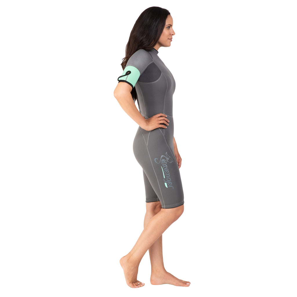 A women’s neoprene shorty wetsuit for snorkeling, wakeboarding, or warm-water scuba diving.