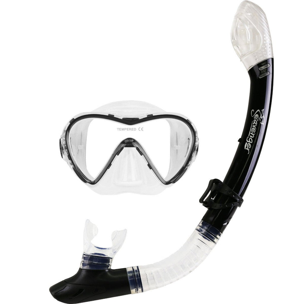 black dry top snorkel with a single lens dive mask