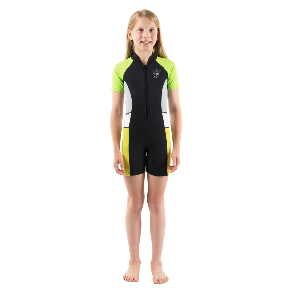 A 2mm neoprene swimsuit or wetsuit for children and toddlers with yellow sleeves and white/yellow side panels.