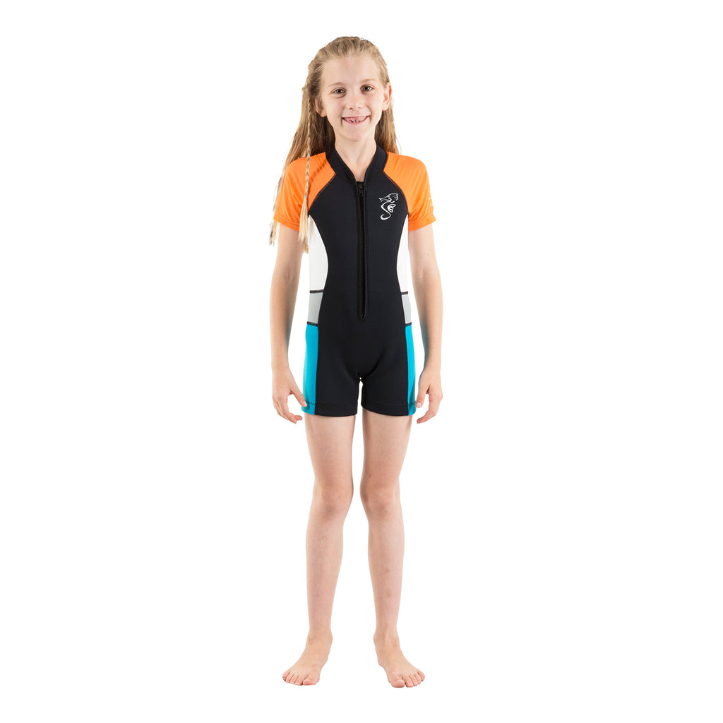 A 2mm neoprene swimsuit or wetsuit for children and toddlers with orange sleeves and white/blue side panels.