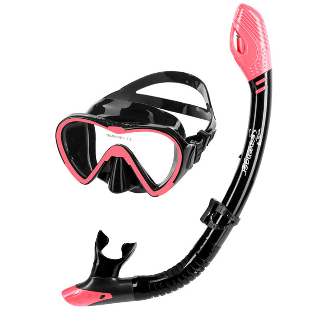 black dive mask and snorkel set with coral