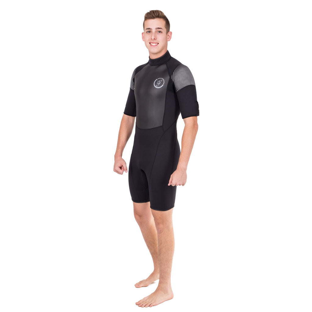 A black 3mm neoprene shorty wetsuit with short sleeves and a sharkskin chest panel for surfing