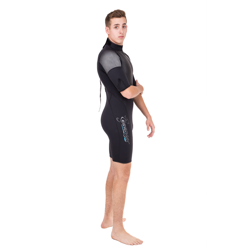 A black 3mm neoprene shorty wetsuit with short sleeves and a sharkskin chest panel for surfing