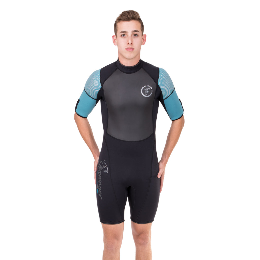 A 3mm neoprene shorty wetsuit with a black body, teal sleeves, and a sharkskin front panel for surfing