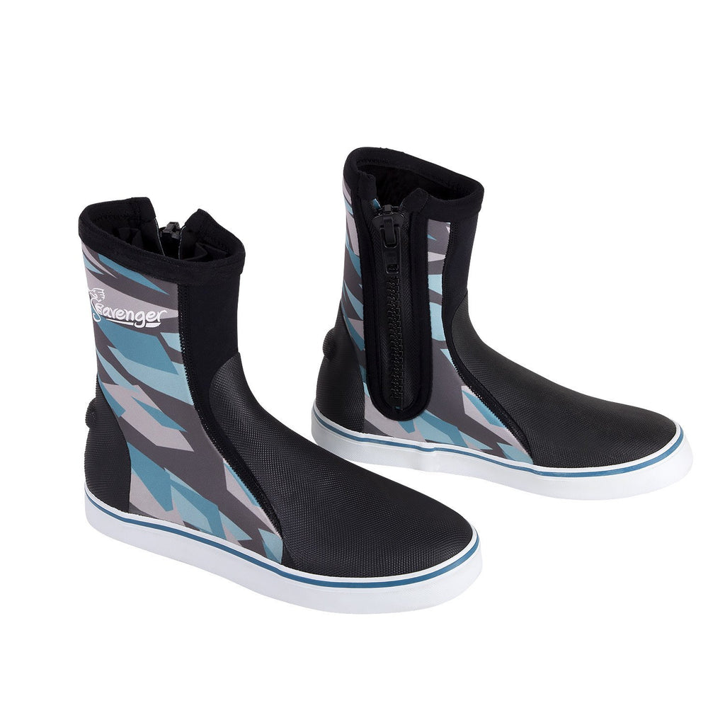 Tall neoprene dive boots with a blue geometric pattern