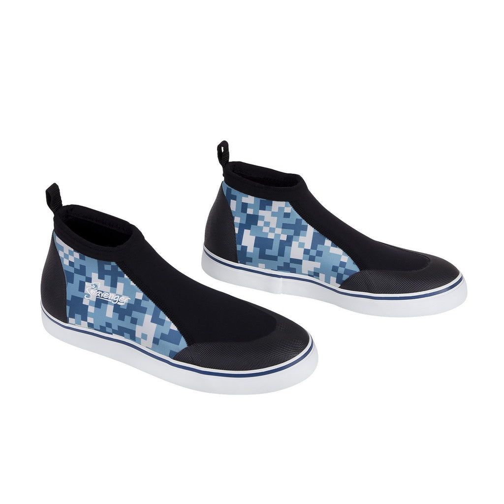 short slip on scuba shoes with a blue geometric pattern