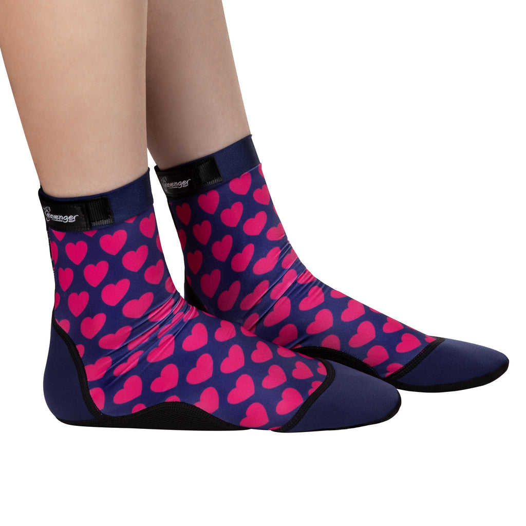 Tall beach socks with a pink hearts pattern for sand volleyball and soccer