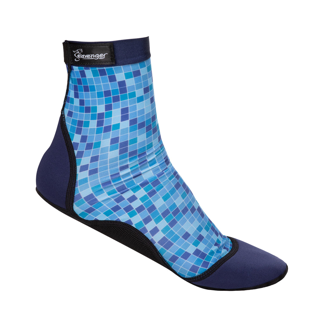tall beach socks with a blue mosaic pattern for sand volleyball and soccer