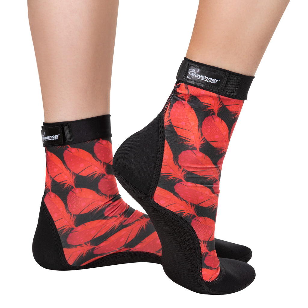 tall beach socks with a red feather pattern for sand volleyball and soccer