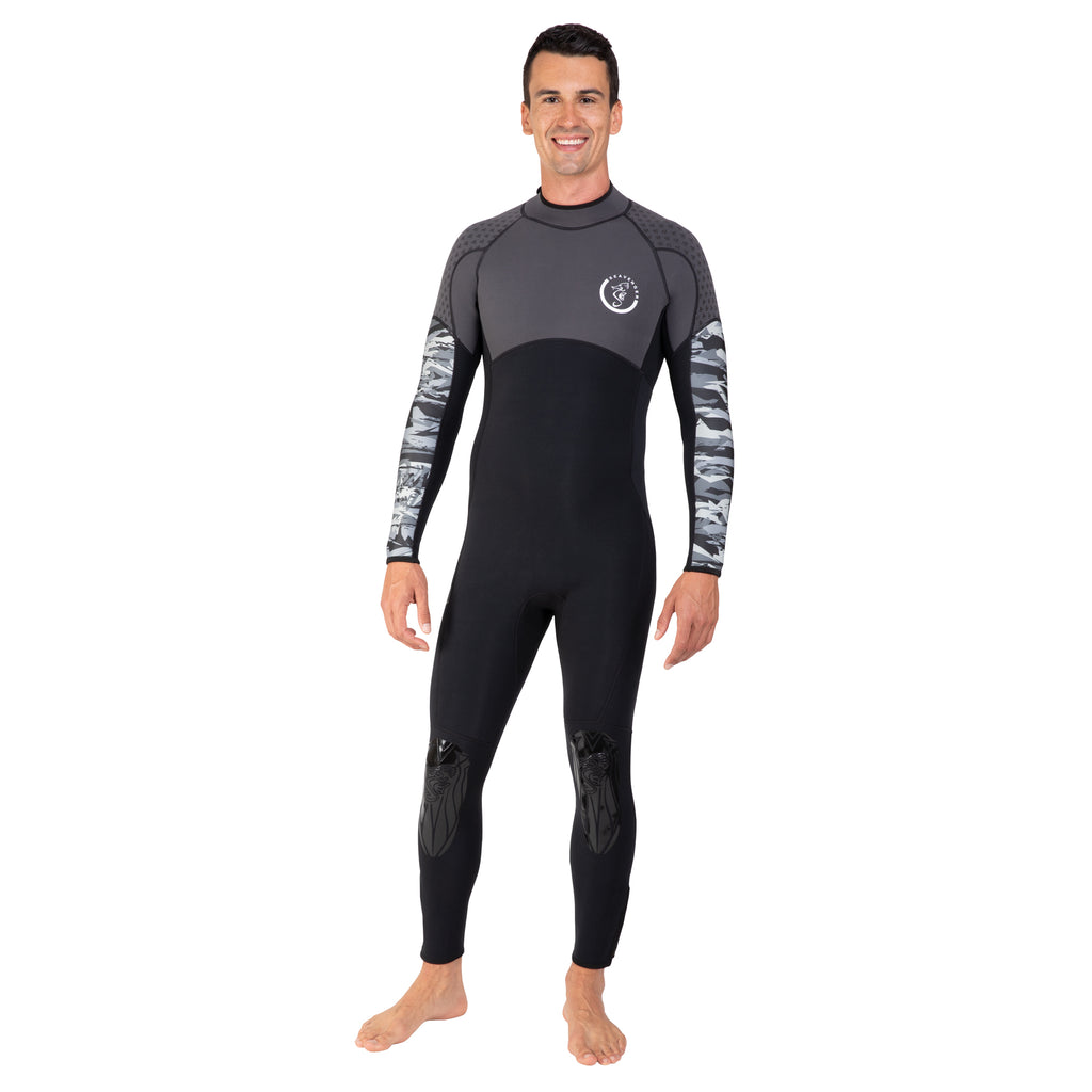 Seavenger men’s 3/2mm Bravo Full Wetsuit with super-stretch panels, calf compression, ankle & wrist zippers