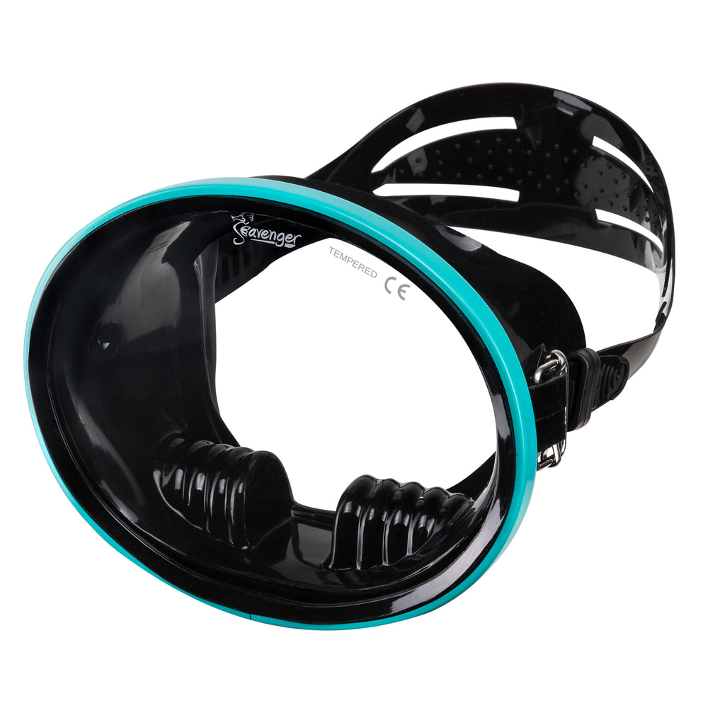 black oval dive mask with teal frame