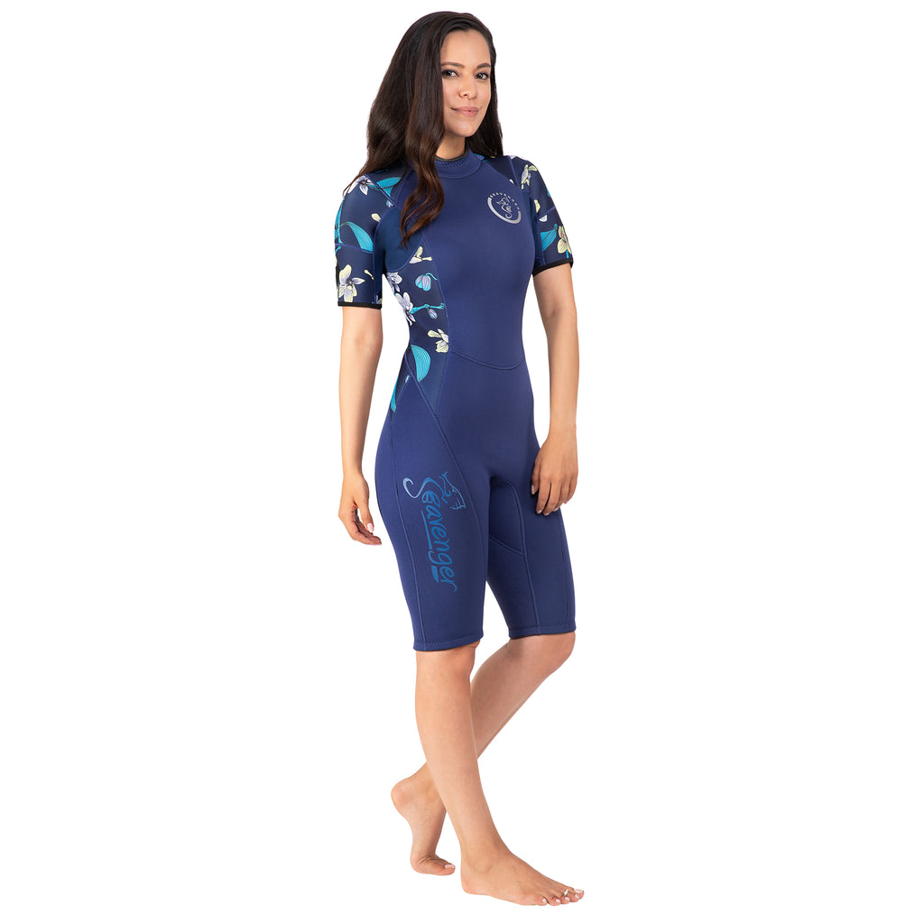 A women’s neoprene shorty wetsuit for snorkeling, wakeboarding, or warm-water scuba diving.