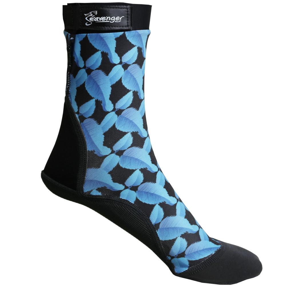 tall beach socks with a blue feather pattern for sand volleyball and soccer